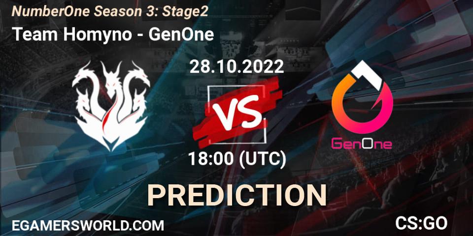 Pronósticos Team Homyno - GenOne. 01.11.2022 at 19:00. NumberOne Season 3: Stage 2 - Counter-Strike (CS2)