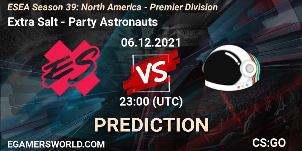 Pronósticos Extra Salt - Party Astronauts. 06.12.2021 at 23:00. ESEA Season 39: North America - Premier Division - Counter-Strike (CS2)