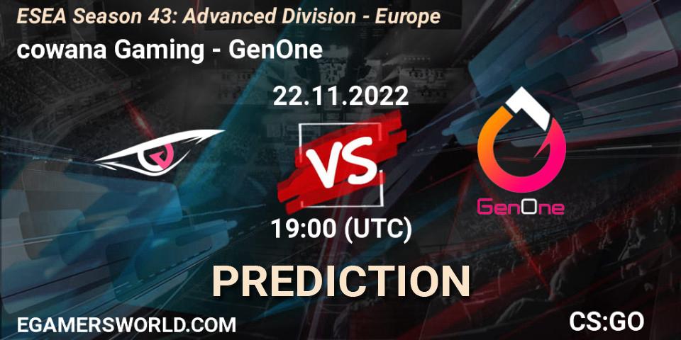 Pronósticos cowana Gaming - GenOne. 22.11.22. ESEA Season 43: Advanced Division - Europe - CS2 (CS:GO)