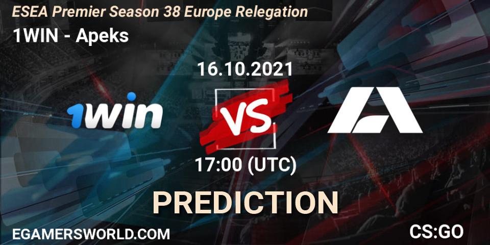 Pronósticos 1WIN - Apeks. 16.10.2021 at 17:00. ESEA Premier Season 38 Europe Relegation - Counter-Strike (CS2)