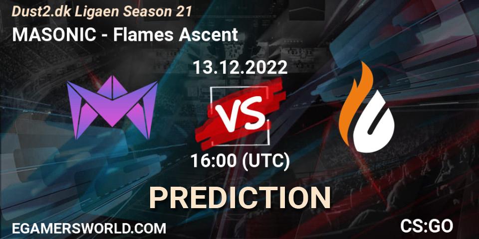Pronósticos MASONIC - Flames Ascent. 13.12.2022 at 15:20. Dust2.dk Ligaen Season 21 - Counter-Strike (CS2)