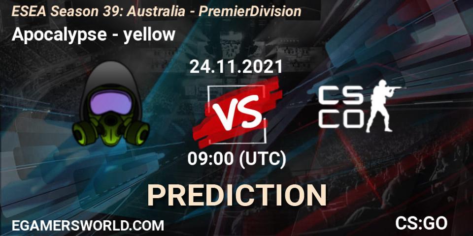 Pronósticos Apocalypse - yellow. 24.11.2021 at 09:00. ESEA Season 39: Australia - Premier Division - Counter-Strike (CS2)