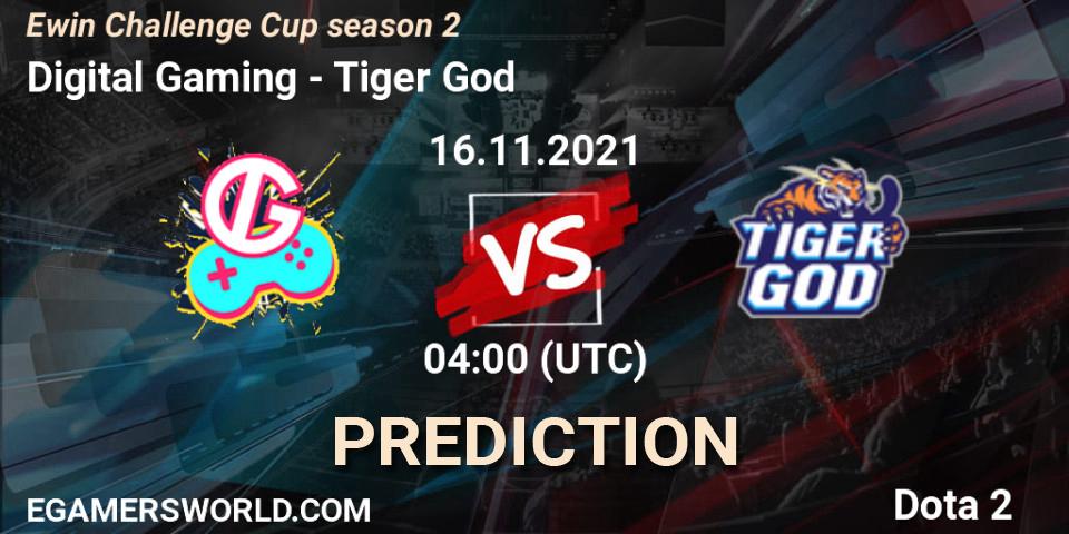 Pronósticos Digital Gaming - Tiger God. 16.11.2021 at 04:25. Ewin Challenge Cup season 2 - Dota 2