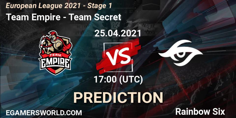 Pronósticos Team Empire - Team Secret. 25.04.21. European League 2021 - Stage 1 - Rainbow Six