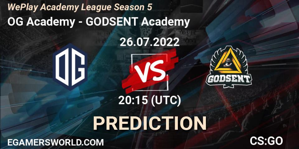 Pronósticos OG Academy - GODSENT Academy. 26.07.2022 at 20:15. WePlay Academy League Season 5 - Counter-Strike (CS2)