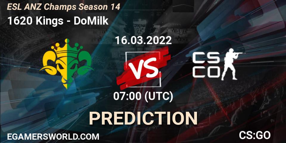 Pronósticos 1620 Kings - DoMilk. 16.03.2022 at 07:10. ESL ANZ Champs Season 14 - Counter-Strike (CS2)