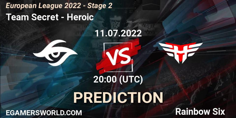 Pronósticos Team Secret - Heroic. 11.07.2022 at 17:00. European League 2022 - Stage 2 - Rainbow Six