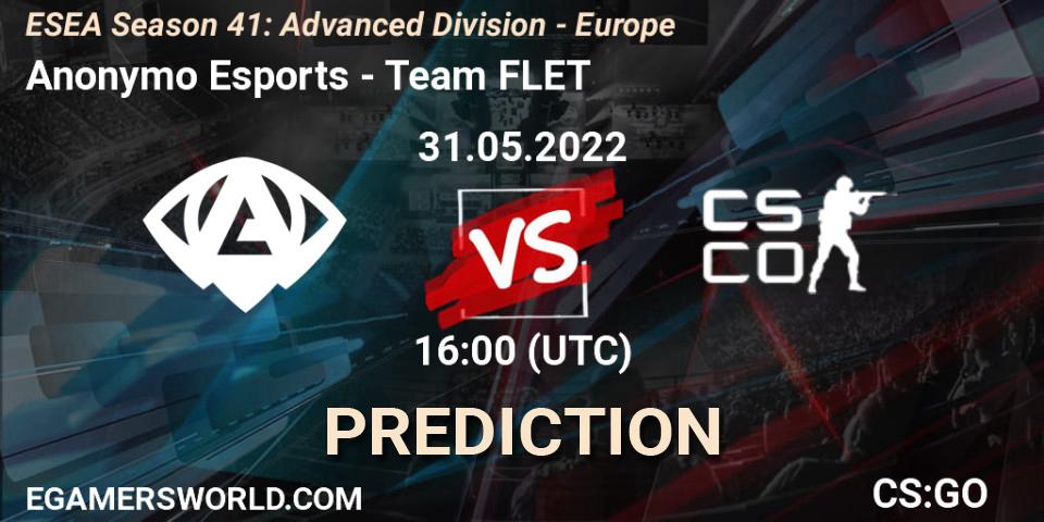 Pronósticos Anonymo Esports - Team FLET. 31.05.2022 at 16:00. ESEA Season 41: Advanced Division - Europe - Counter-Strike (CS2)
