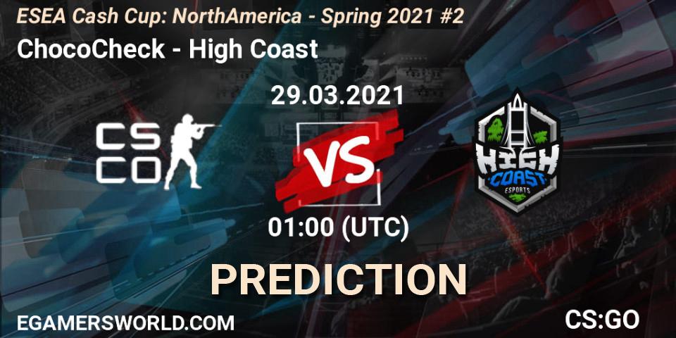 Pronósticos ChocoCheck - High Coast. 29.03.2021 at 00:10. ESEA Cash Cup: North America - Spring 2021 #2 - Counter-Strike (CS2)