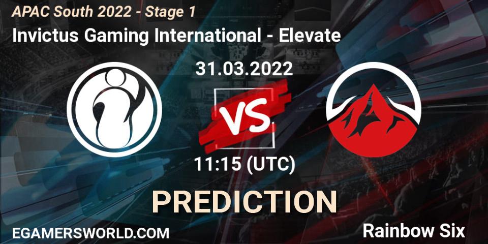 Pronósticos Invictus Gaming International - Elevate. 31.03.2022 at 11:15. APAC South 2022 - Stage 1 - Rainbow Six