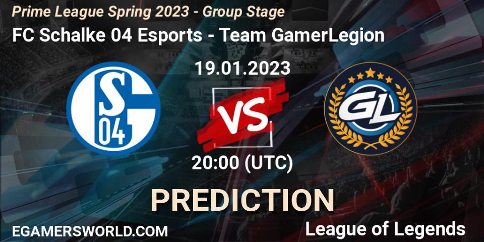 Pronósticos FC Schalke 04 Esports - Team GamerLegion. 19.01.23. Prime League Spring 2023 - Group Stage - LoL