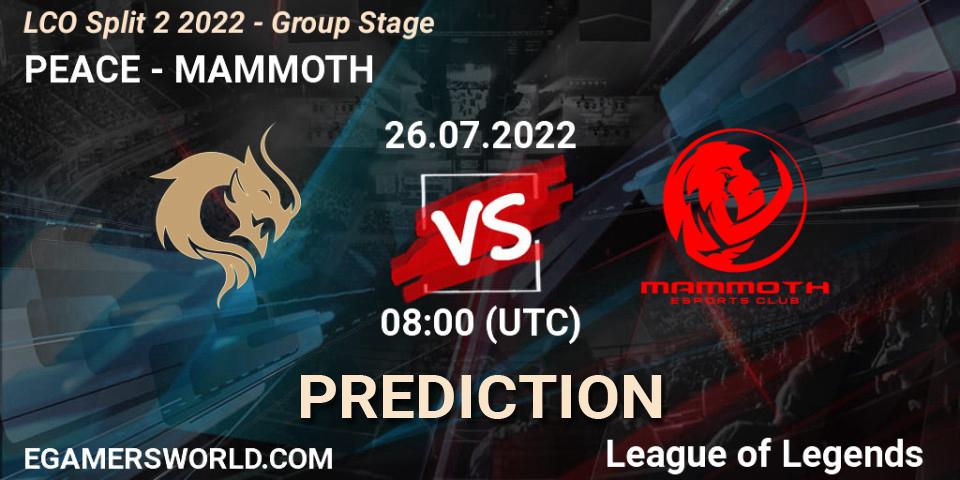 Pronósticos PEACE - MAMMOTH. 26.07.2022 at 08:00. LCO Split 2 2022 - Group Stage - LoL