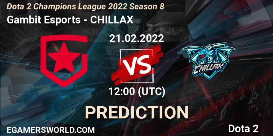 Pronósticos Gambit Esports - CHILLAX. 21.02.2022 at 11:59. Dota 2 Champions League 2022 Season 8 - Dota 2