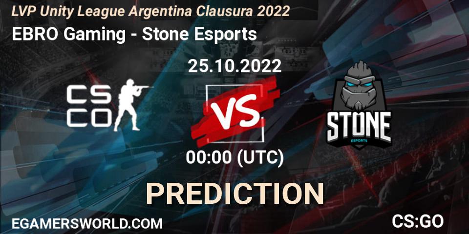 Pronósticos EBRO Gaming - Stone Esports. 25.10.2022 at 01:00. LVP Unity League Argentina Clausura 2022 - Counter-Strike (CS2)