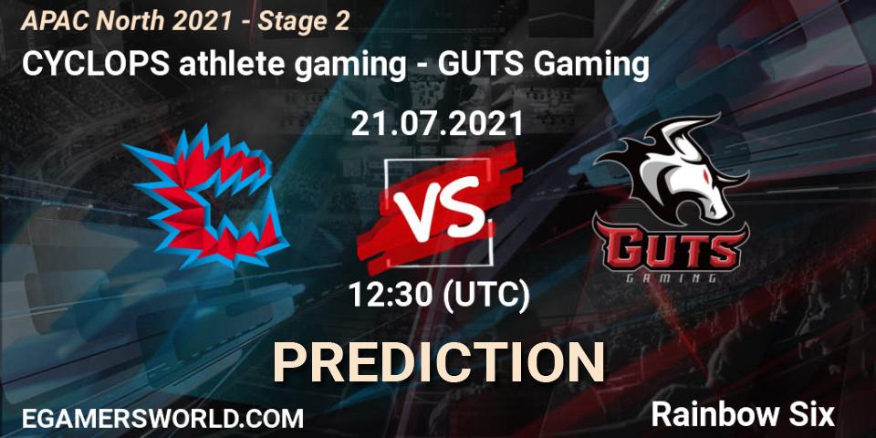 Pronósticos CYCLOPS athlete gaming - GUTS Gaming. 21.07.2021 at 11:50. APAC North 2021 - Stage 2 - Rainbow Six