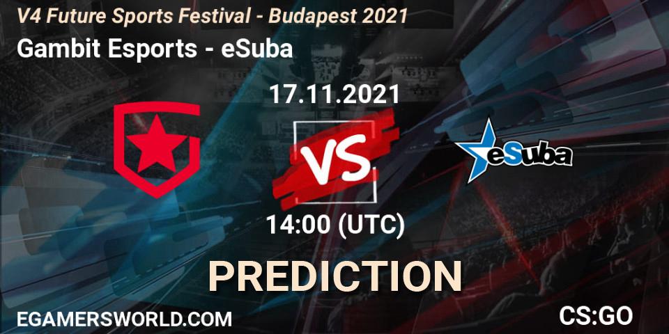 Pronósticos Gambit Esports - eSuba. 17.11.2021 at 14:50. V4 Future Sports Festival - Budapest 2021 - Counter-Strike (CS2)