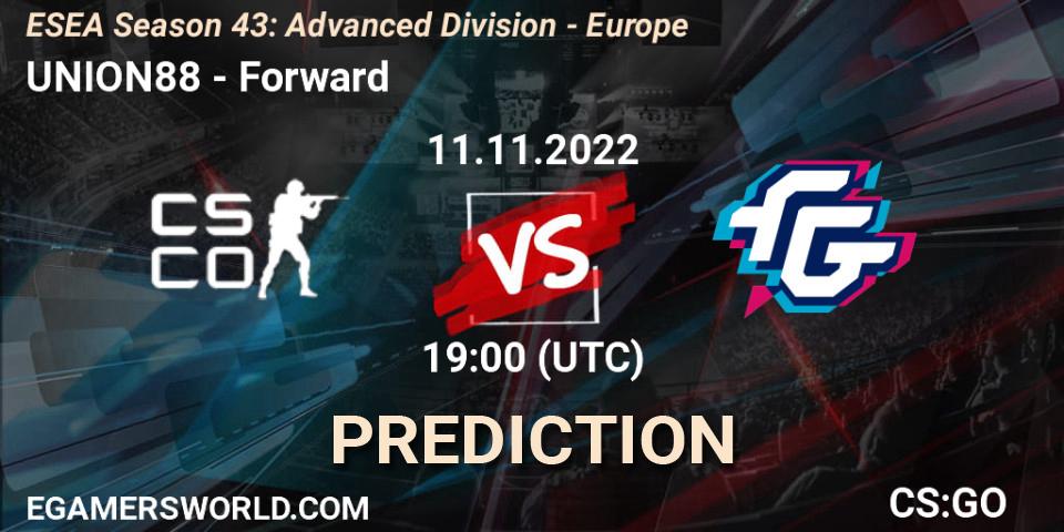 Pronósticos UNION88 - Forward. 11.11.2022 at 19:00. ESEA Season 43: Advanced Division - Europe - Counter-Strike (CS2)