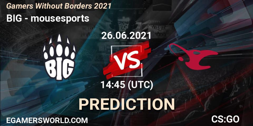Pronósticos BIG - mousesports. 26.06.2021 at 14:45. Gamers Without Borders 2021 - Counter-Strike (CS2)