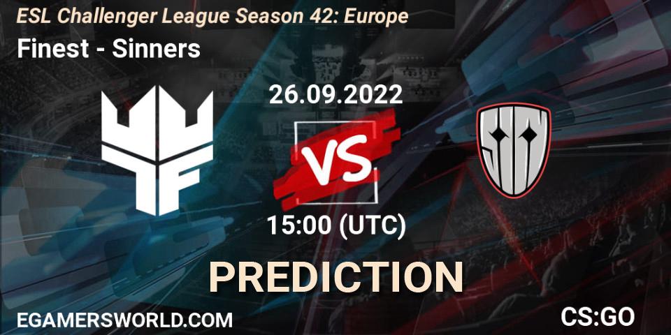 Pronósticos Finest - Sinners. 26.09.2022 at 15:00. ESL Challenger League Season 42: Europe - Counter-Strike (CS2)