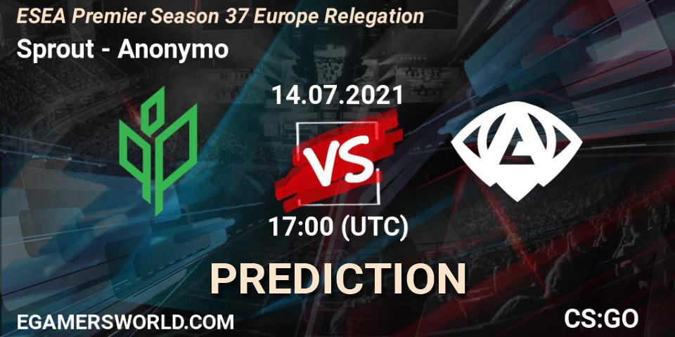 Pronósticos Sprout - Anonymo. 14.07.2021 at 17:00. ESEA Premier Season 37 Europe Relegation - Counter-Strike (CS2)