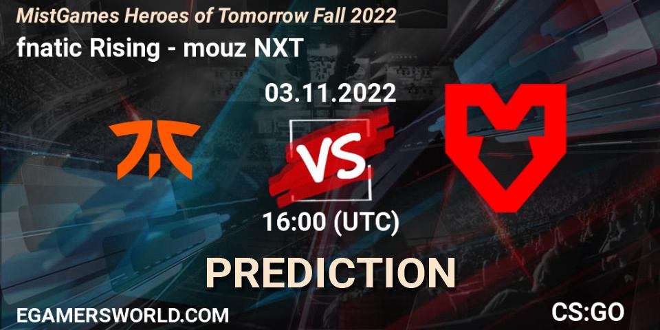 Pronósticos fnatic Rising - mouz NXT. 03.11.2022 at 16:00. MistGames Heroes of Tomorrow Fall 2022 - Counter-Strike (CS2)