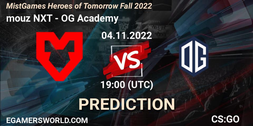 Pronósticos mouz NXT - OG Academy. 04.11.2022 at 19:00. MistGames Heroes of Tomorrow Fall 2022 - Counter-Strike (CS2)