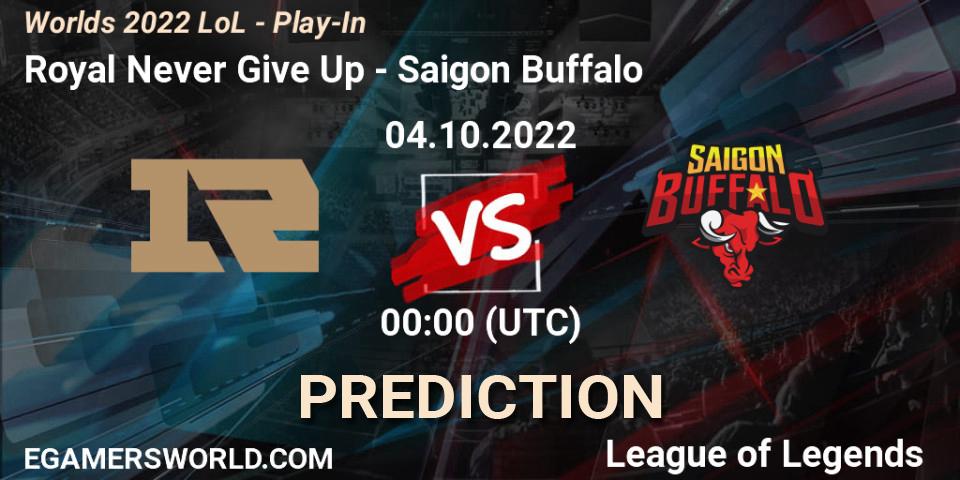Pronósticos Royal Never Give Up - Saigon Buffalo. 03.10.2022 at 01:00. Worlds 2022 LoL - Play-In - LoL