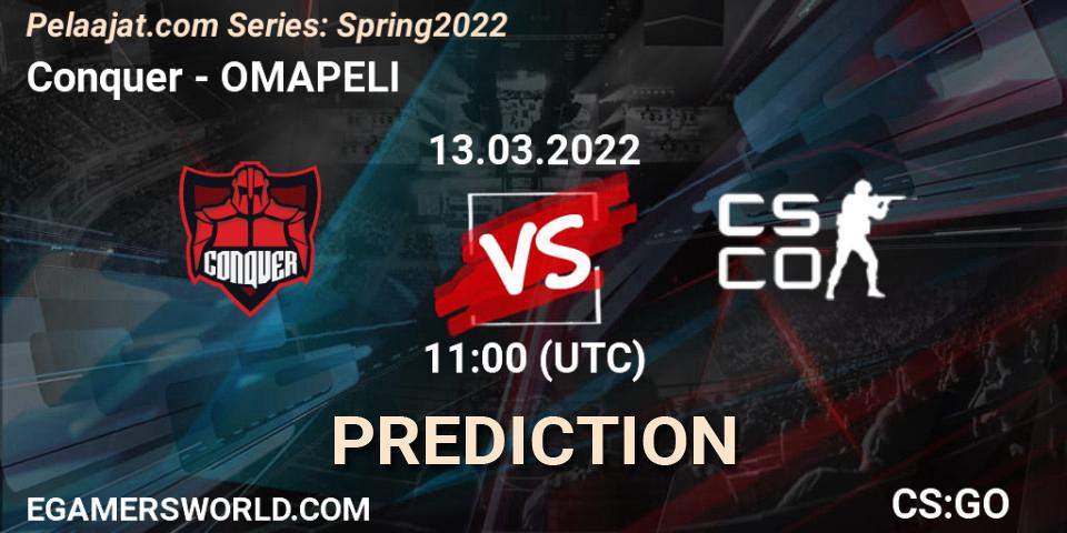 Pronósticos Conquer - OMAPELI. 13.03.2022 at 11:00. Pelaajat.com Series: Spring 2022 - Counter-Strike (CS2)