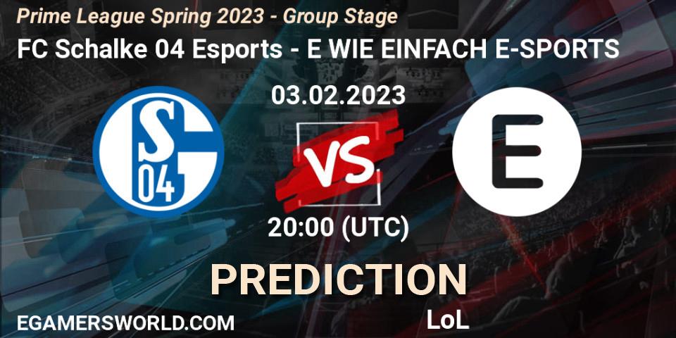 Pronósticos FC Schalke 04 Esports - E WIE EINFACH E-SPORTS. 03.02.2023 at 17:00. Prime League Spring 2023 - Group Stage - LoL