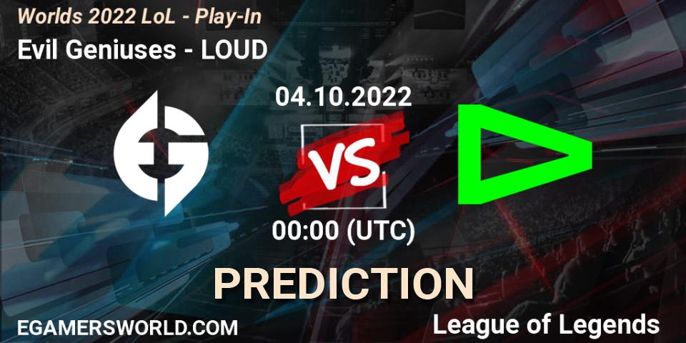 Pronósticos Evil Geniuses - LOUD. 30.09.2022 at 21:00. Worlds 2022 LoL - Play-In - LoL