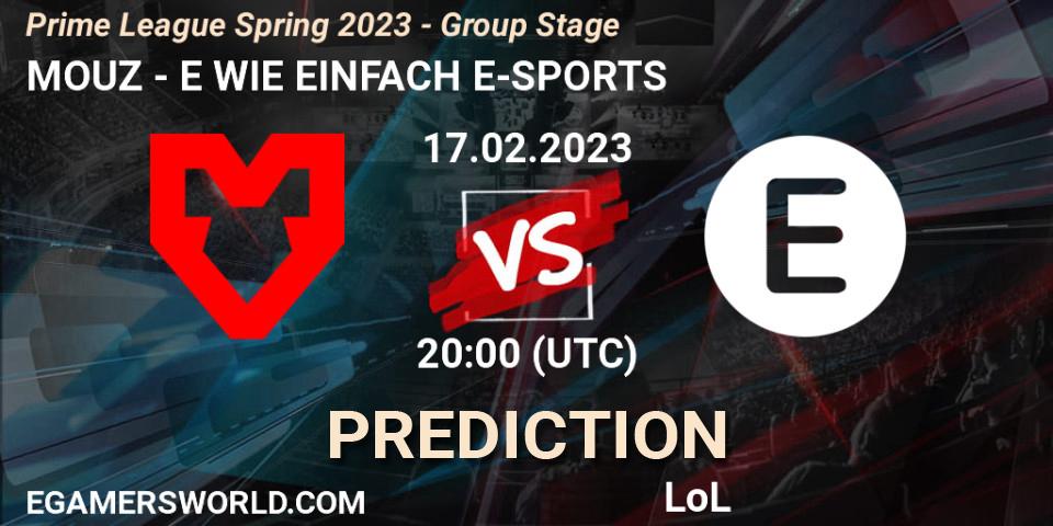 Pronósticos MOUZ - E WIE EINFACH E-SPORTS. 17.02.2023 at 21:00. Prime League Spring 2023 - Group Stage - LoL