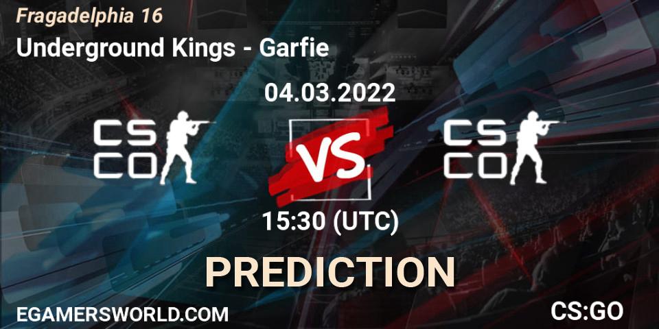 Pronósticos Underground Kings - Garfie. 04.03.2022 at 15:50. Fragadelphia 16 - Counter-Strike (CS2)