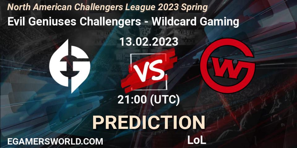 Pronósticos Evil Geniuses Challengers - Wildcard Gaming. 13.02.2023 at 21:00. NACL 2023 Spring - Group Stage - LoL