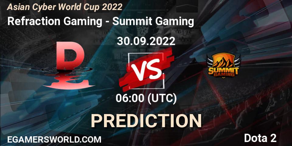 Pronósticos Refraction Gaming - Summit Gaming. 30.09.2022 at 06:07. Asian Cyber World Cup 2022 - Dota 2