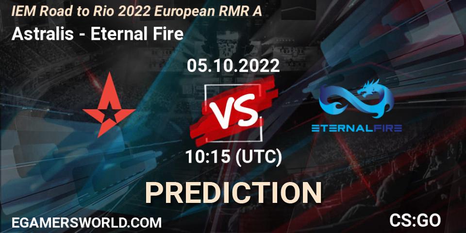 Pronósticos Astralis - Eternal Fire. 05.10.2022 at 10:25. IEM Road to Rio 2022 European RMR A - Counter-Strike (CS2)