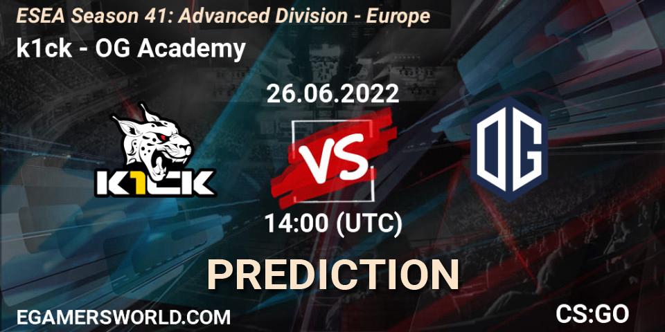 Pronósticos k1ck - OG Academy. 26.06.22. ESEA Season 41: Advanced Division - Europe - CS2 (CS:GO)