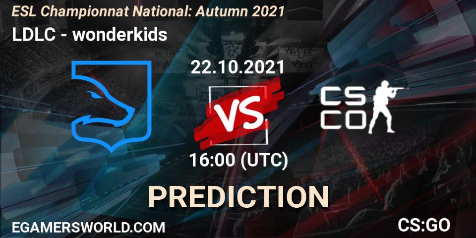 Pronósticos LDLC - wonderkids. 22.10.2021 at 17:00. ESL Championnat National: Autumn 2021 - Counter-Strike (CS2)