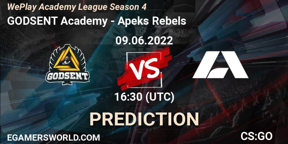 Pronósticos GODSENT Academy - Apeks Rebels. 09.06.2022 at 17:40. WePlay Academy League Season 4 - Counter-Strike (CS2)