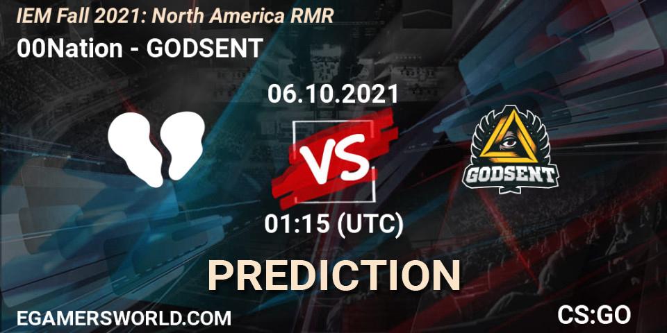 Pronósticos 00Nation - GODSENT. 06.10.2021 at 01:45. IEM Fall 2021: North America RMR - Counter-Strike (CS2)