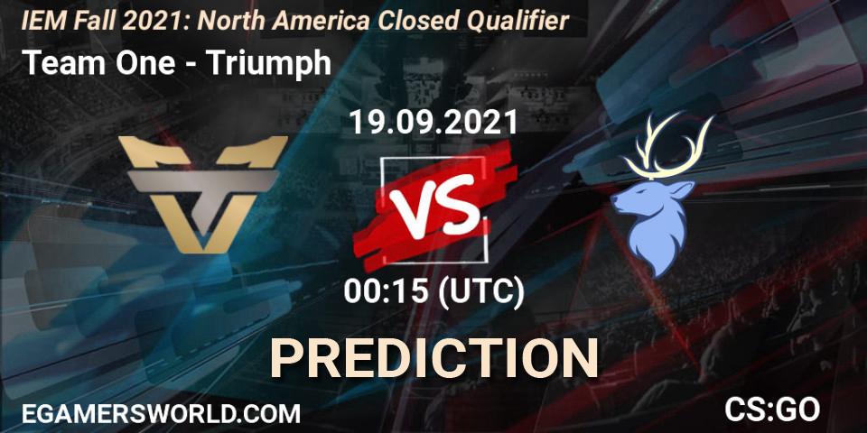 Pronósticos Team One - Triumph. 19.09.2021 at 00:15. IEM Fall 2021: North America Closed Qualifier - Counter-Strike (CS2)