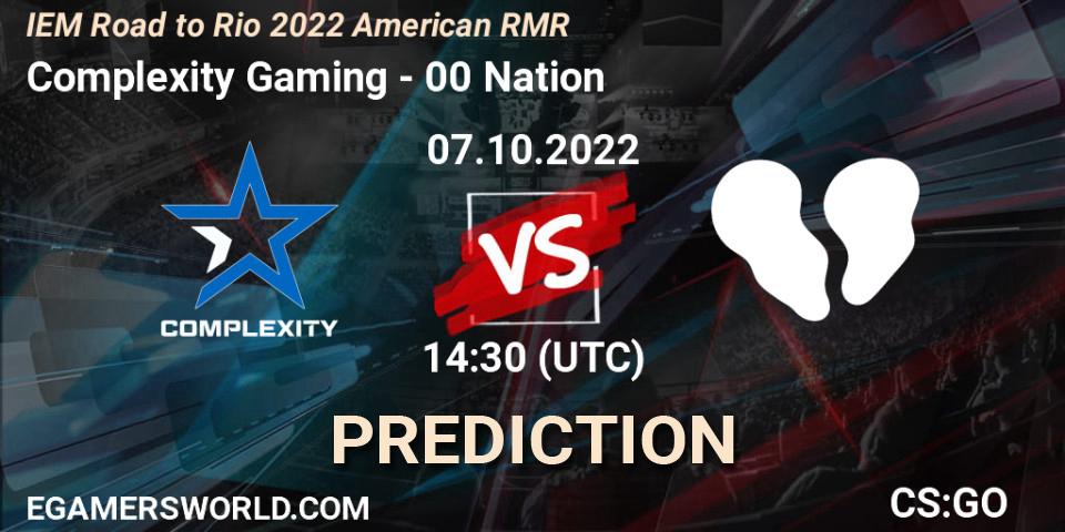 Pronósticos Complexity Gaming - 00 Nation. 07.10.2022 at 14:30. IEM Road to Rio 2022 American RMR - Counter-Strike (CS2)