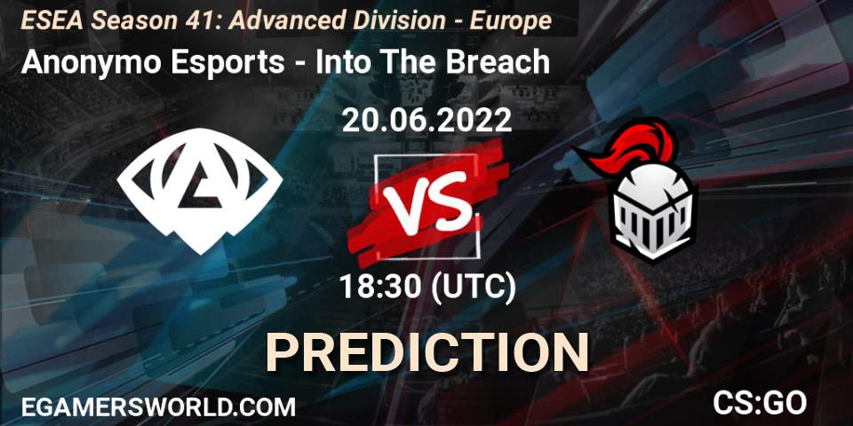 Pronósticos Anonymo Esports - Into The Breach. 20.06.2022 at 16:00. ESEA Season 41: Advanced Division - Europe - Counter-Strike (CS2)