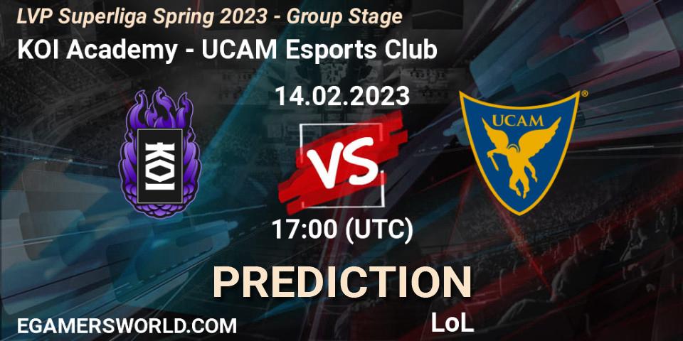 Pronósticos KOI Academy - UCAM Esports Club. 14.02.2023 at 17:00. LVP Superliga Spring 2023 - Group Stage - LoL