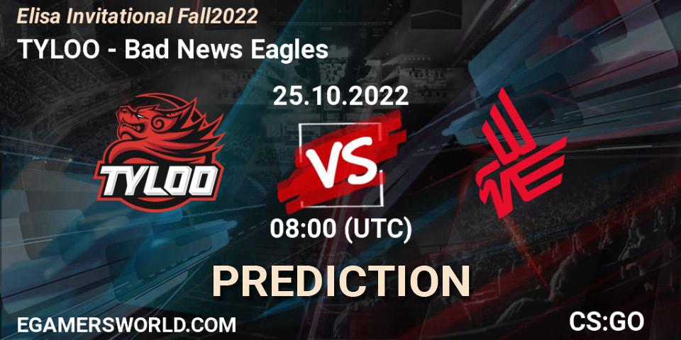 Pronósticos TYLOO - Bad News Eagles. 25.10.2022 at 08:00. Elisa Invitational Fall 2022 - Counter-Strike (CS2)