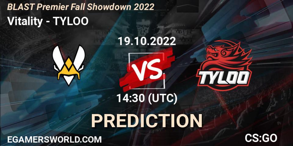 Pronósticos Vitality - TYLOO. 19.10.2022 at 14:30. BLAST Premier Fall Showdown 2022 Europe - Counter-Strike (CS2)