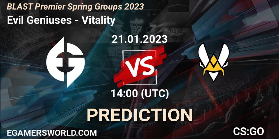 Pronósticos Evil Geniuses - Vitality. 21.01.2023 at 15:40. BLAST Premier Spring Groups 2023 - Counter-Strike (CS2)