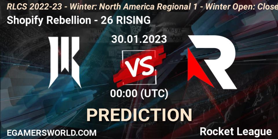 Pronósticos Shopify Rebellion - 26 RISING. 30.01.2023 at 00:00. RLCS 2022-23 - Winter: North America Regional 1 - Winter Open: Closed Qualifier - Rocket League