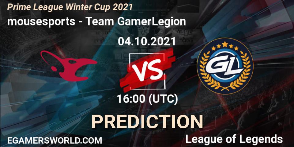 Pronósticos mousesports - Team GamerLegion. 04.10.2021 at 16:00. Prime League Winter Cup 2021 - LoL