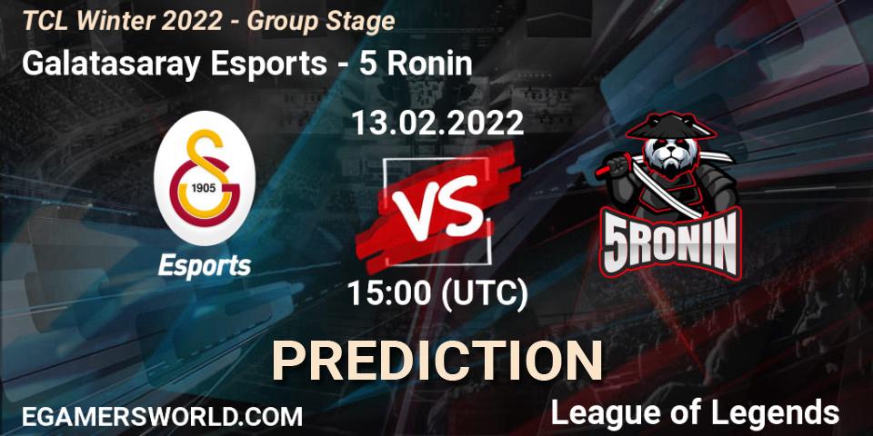 Pronósticos Galatasaray Esports - 5 Ronin. 13.02.2022 at 15:00. TCL Winter 2022 - Group Stage - LoL