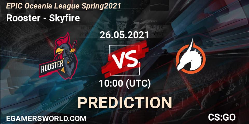 Pronósticos Rooster - Skyfire. 26.05.2021 at 10:00. EPIC Oceania League Spring 2021 - Counter-Strike (CS2)